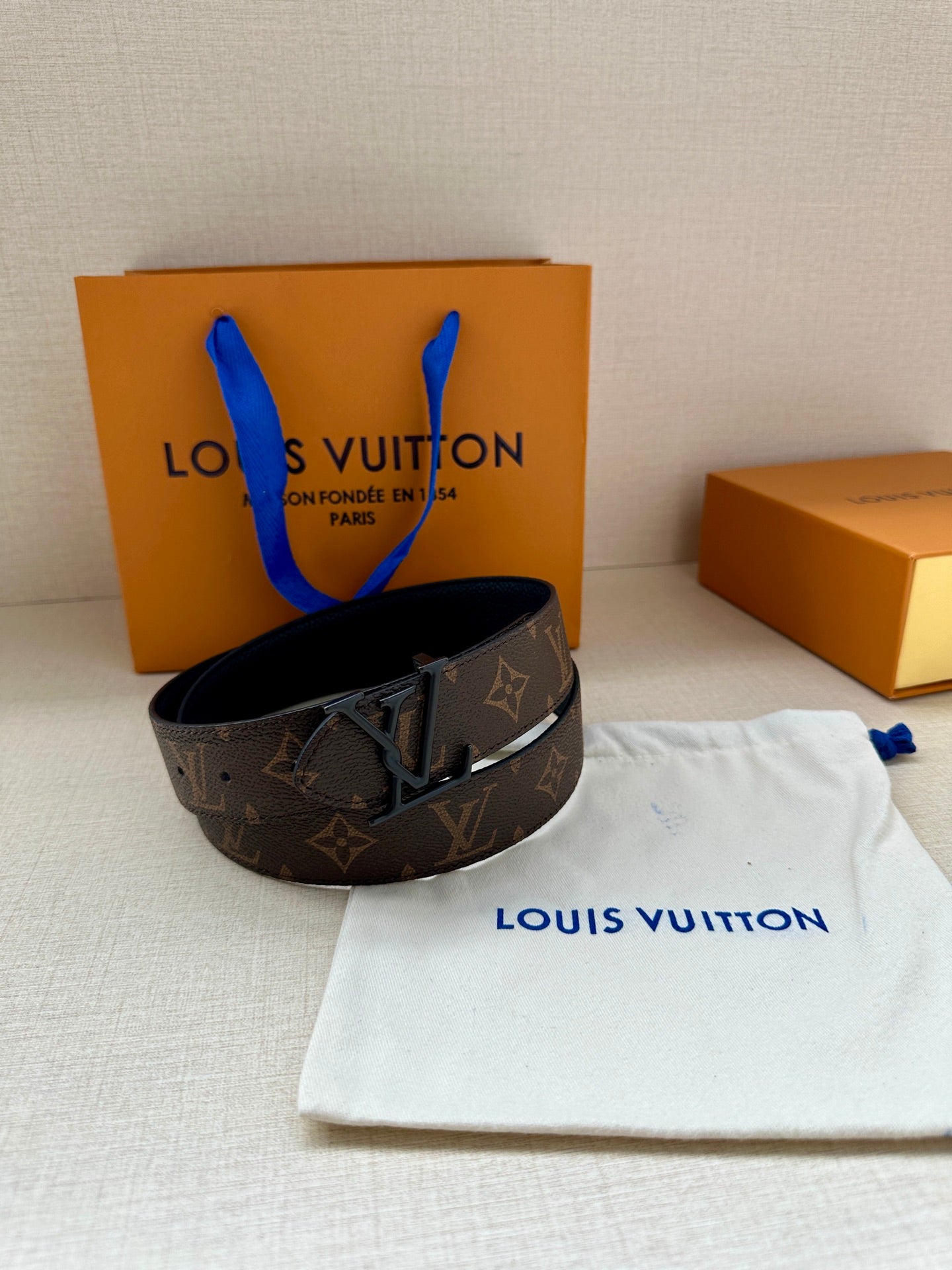 Louis Vuitton monogram belt with dark leather strap and metal V buckle, side view