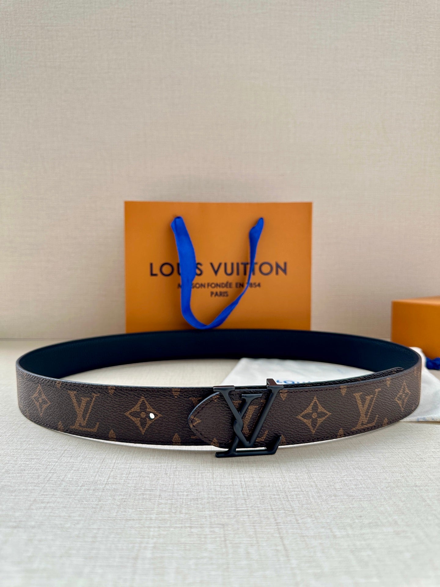 Louis Vuitton monogram belt with dark leather strap and metal V buckle
