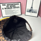 FF-logo cap interior view with black lining and fabric strap, curved brim edge