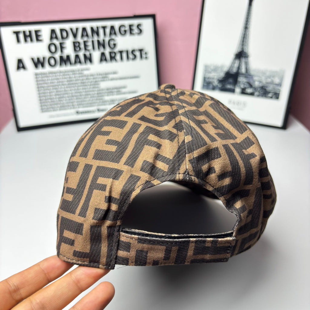 FF-logo cap interior underside with black band lining, brown monogram print