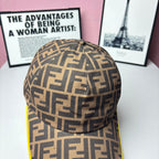 FF-logo cap in brown monogram print, top seam and small button detail