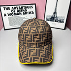 Fendi cap with FF monogram print, brown fabric, yellow edge trim, curved brim