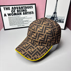 FF-logo cap with brown monogram pattern, yellow-trim brim, angled side view