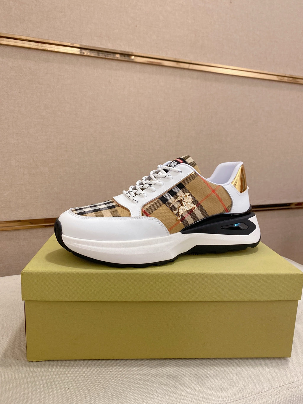 Burberry sneakers, white leather with plaid panel and gold heel detail, chunky sole