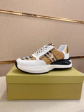 Burberry sneakers, white leather with plaid panel and gold heel detail, chunky sole