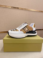 Burberry sneakers, white leather with plaid panel and gold heel detail, chunky sole