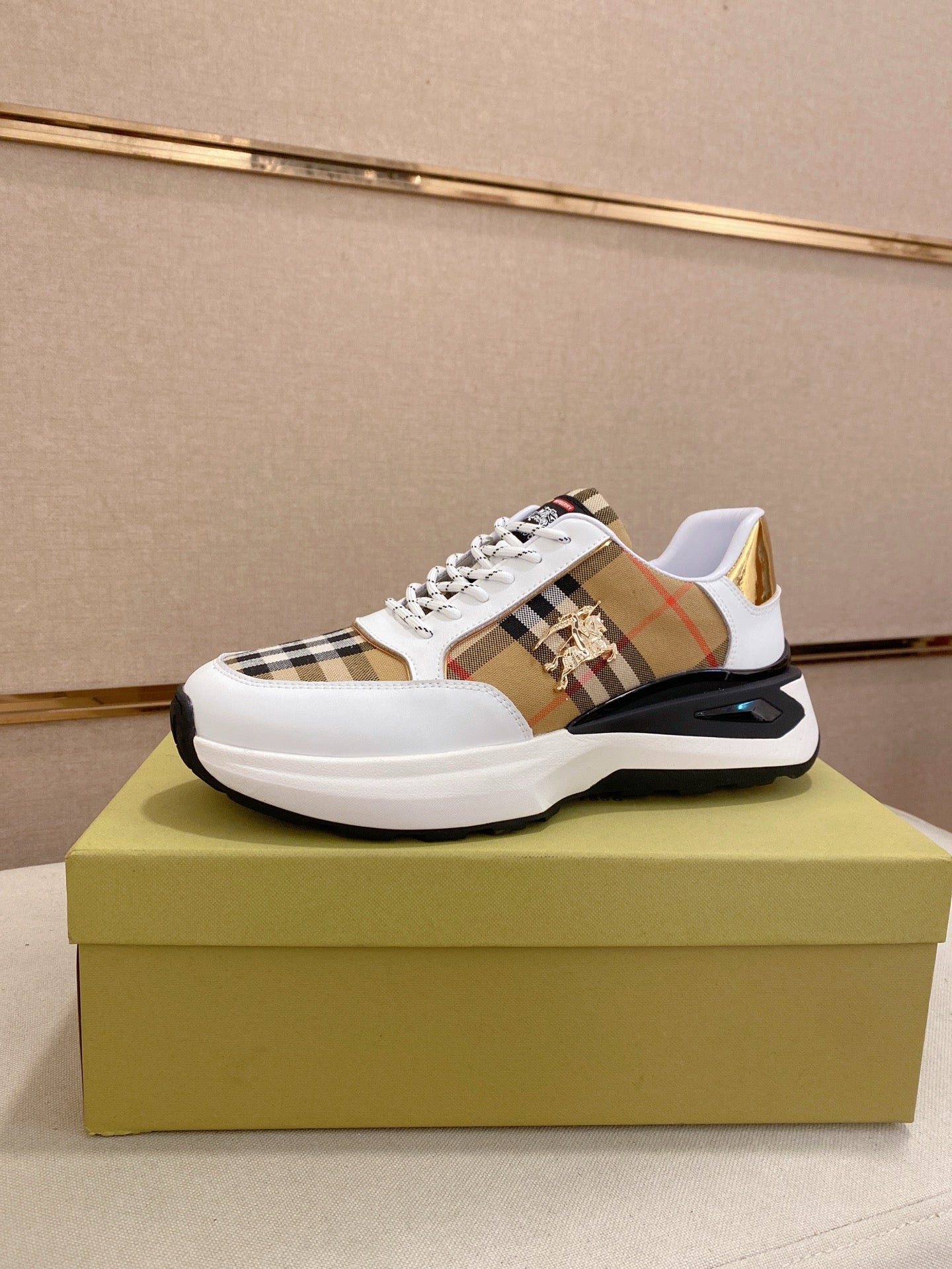Burberry sneakers, white leather with plaid panel and gold heel detail, chunky sole