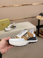 Burberry sneakers, white and tan plaid panels with gold accents, chunky sole