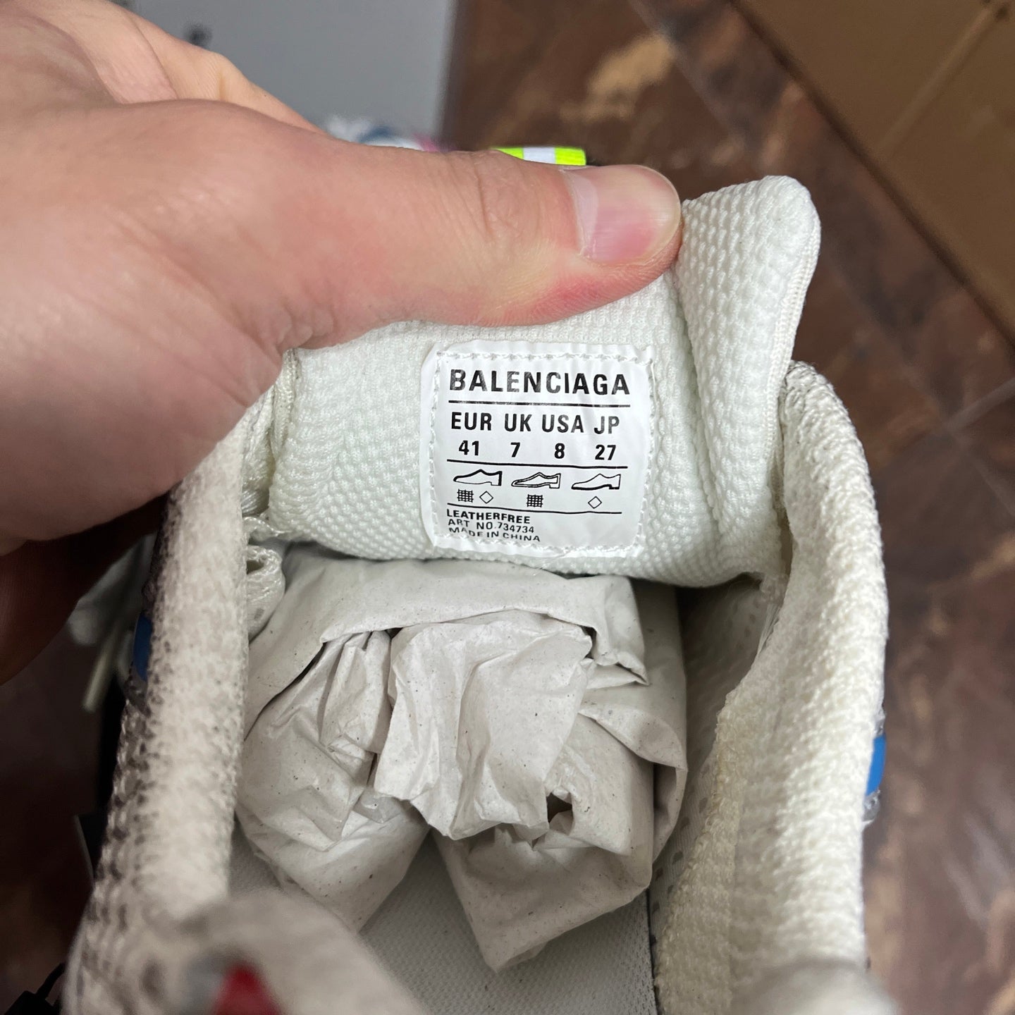 Shoe interior label reading "BALENCIAGA" with size and "EUR UK USA JP" markings.