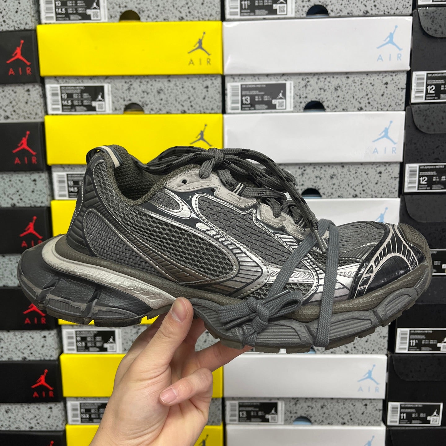 Balenciaga unisex athletic sneakers, dark gray mesh upper with gray lace-up and logo details