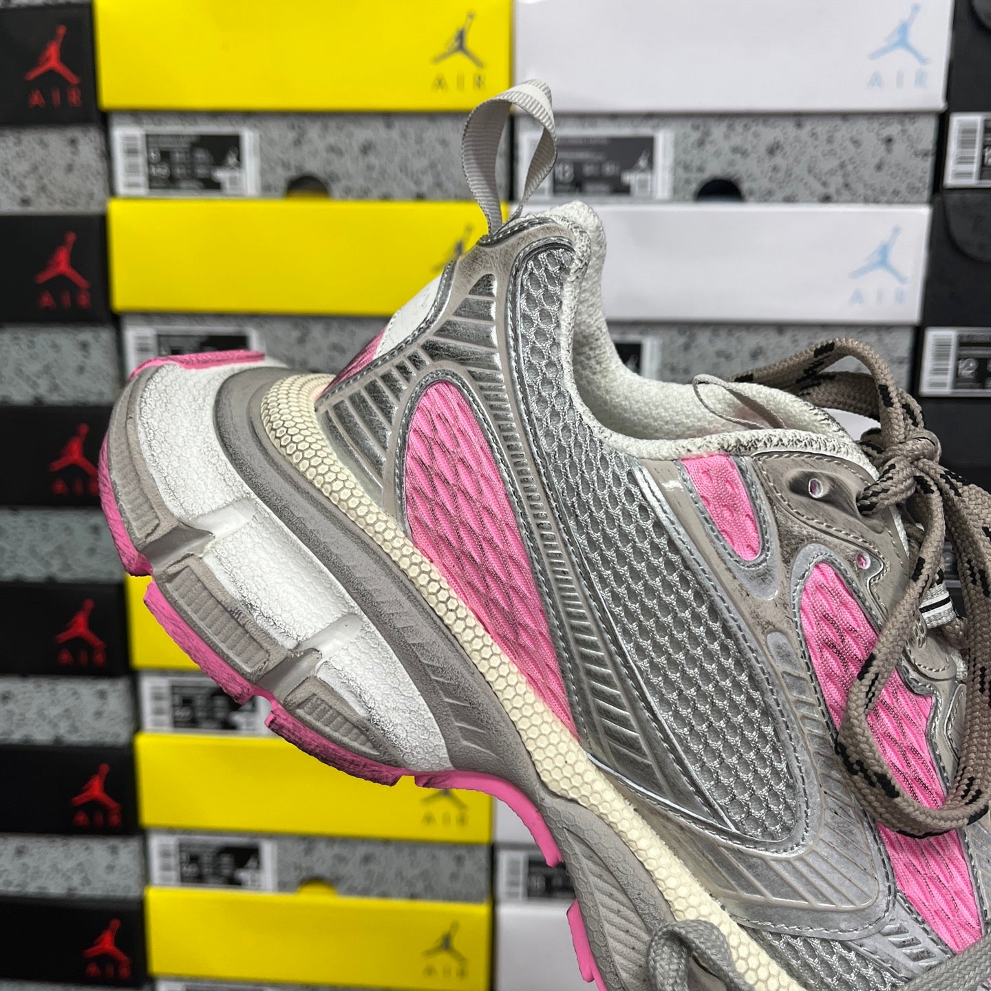 Balenciaga unisex running shoes heel and side, gray upper with pink vertical accent