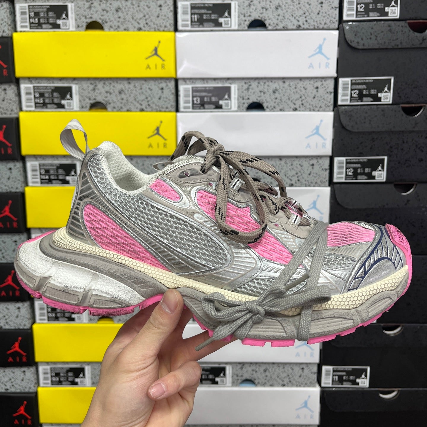 Balenciaga unisex running shoes in gray with pink accents and lace-up front