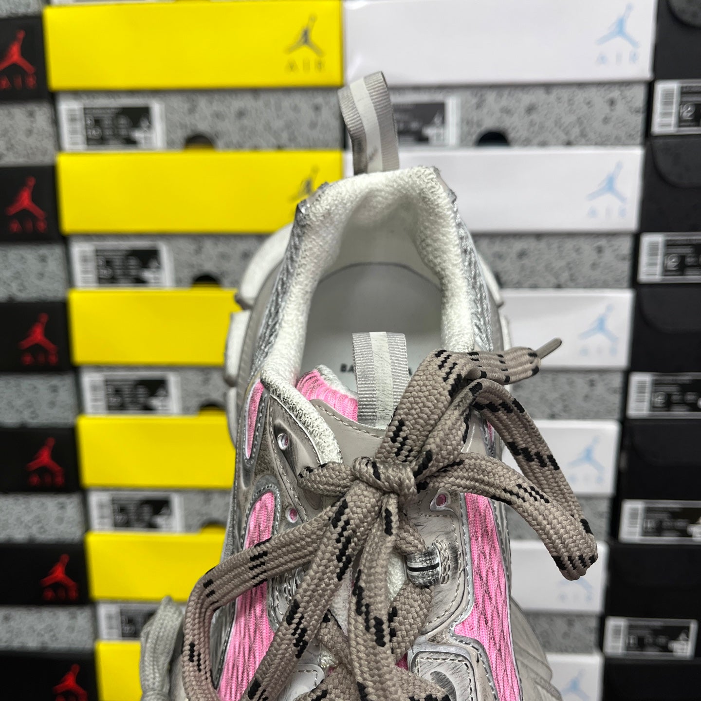 Balenciaga unisex running shoes back view, gray knit collar with pink trim