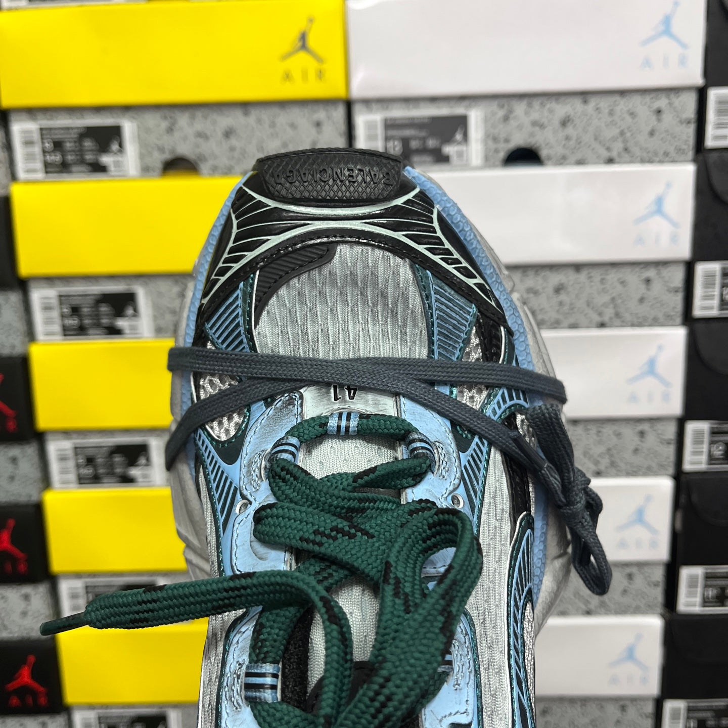 Unisex Balenciaga sneaker upper with green laces, light blue panels and textured lining