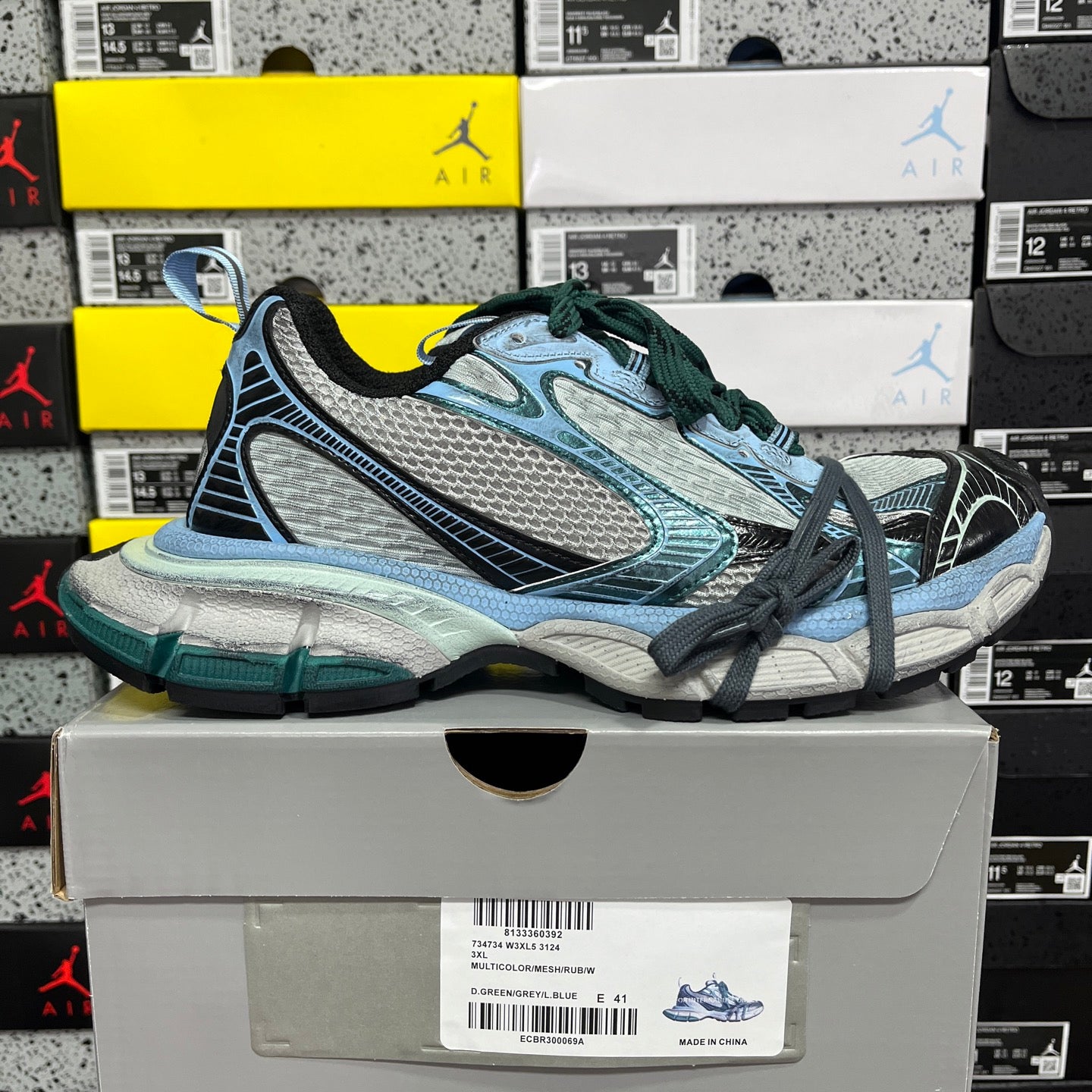 Unisex Balenciaga lace-up sneakers in light blue, gray and dark green with black accents