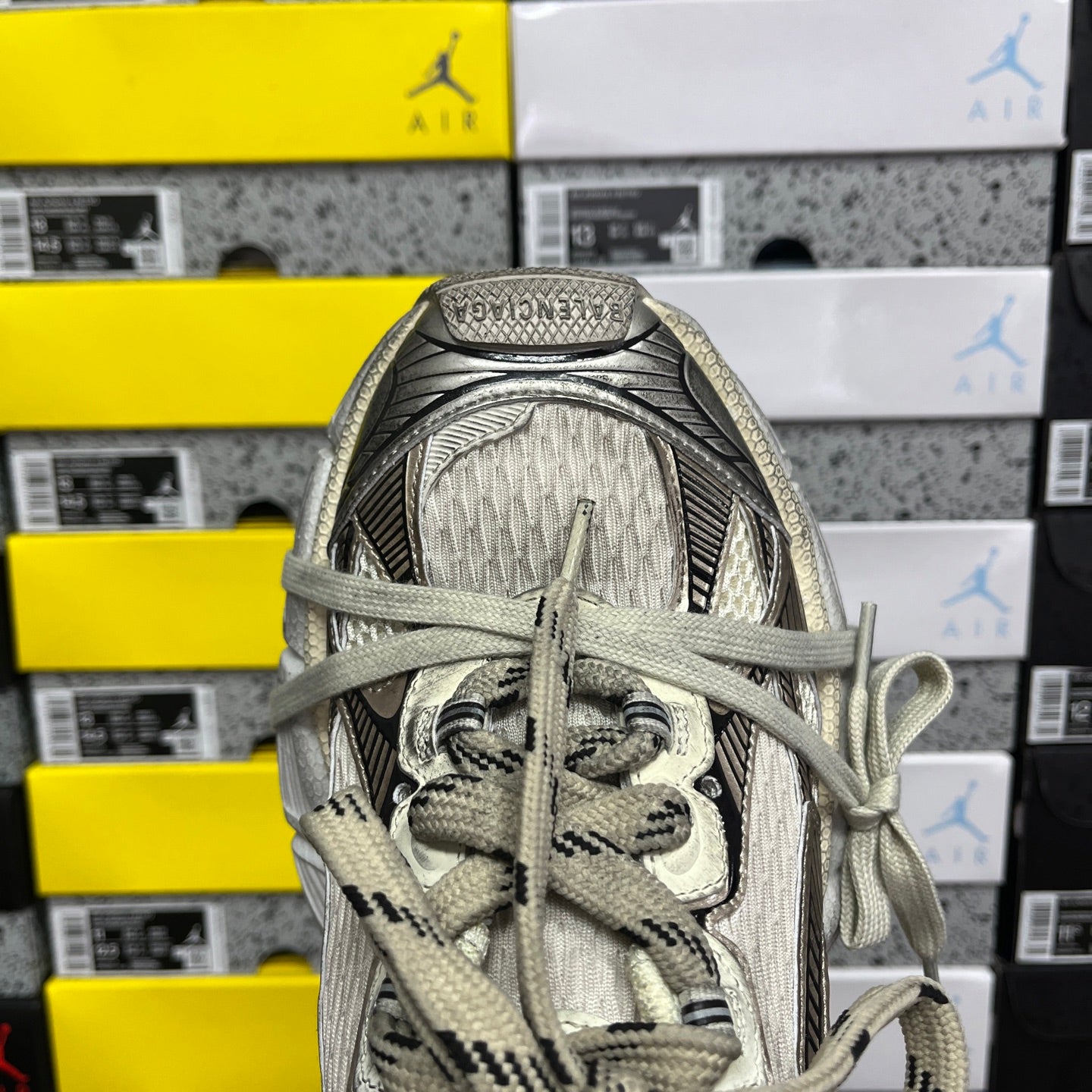 Balenciaga unisex sneaker toe and laces, textured gray upper with padded collar