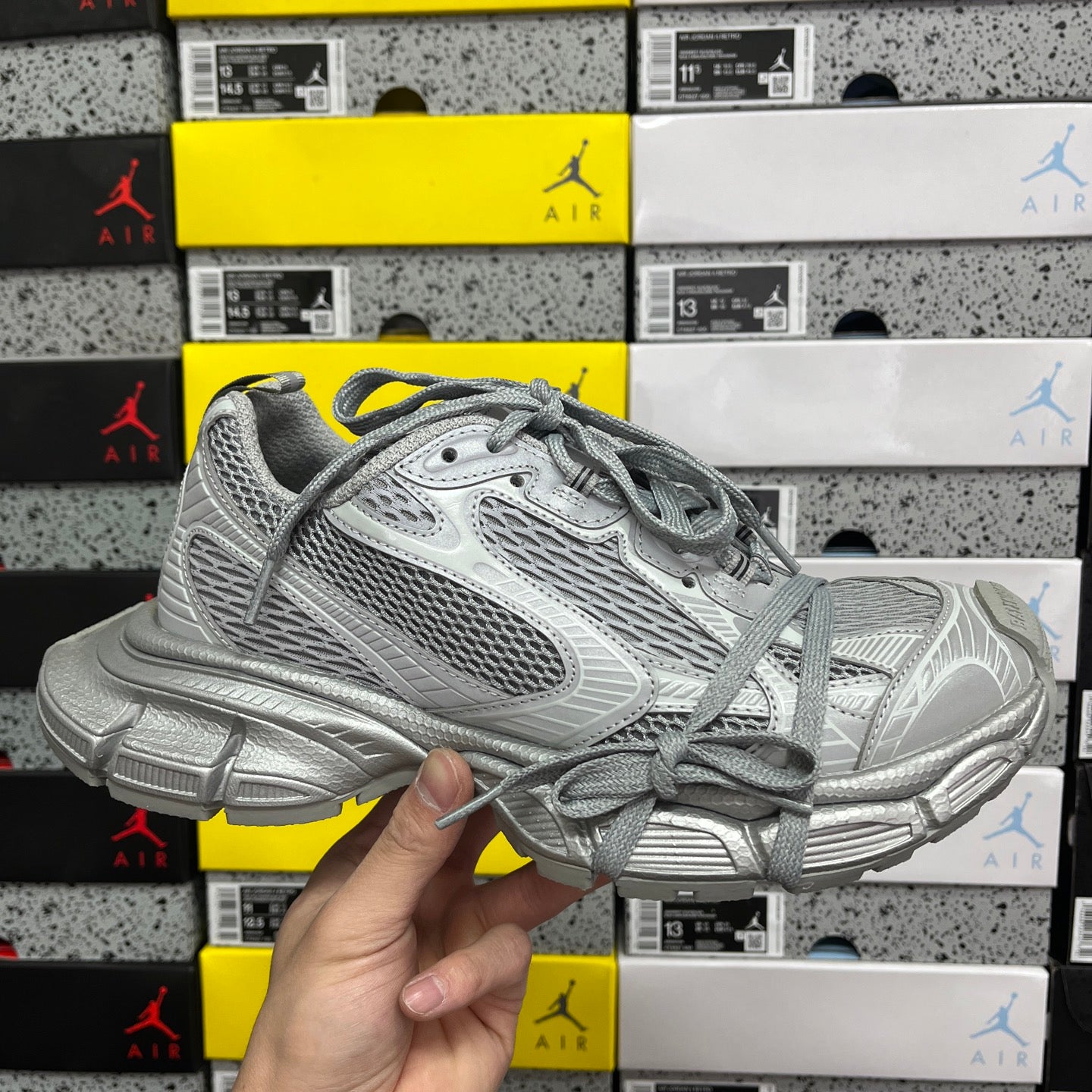 Balenciaga gray mesh running sneakers with lace-up front and padded heel