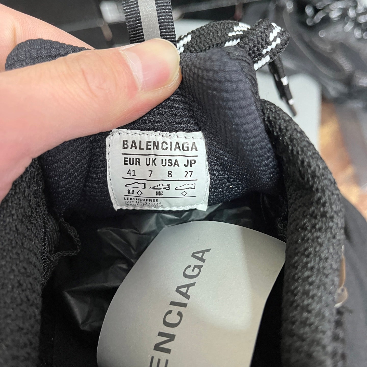 Balenciaga size label inside black sneaker: “BALENCIAGA” and EU/UK/USA JP sizes