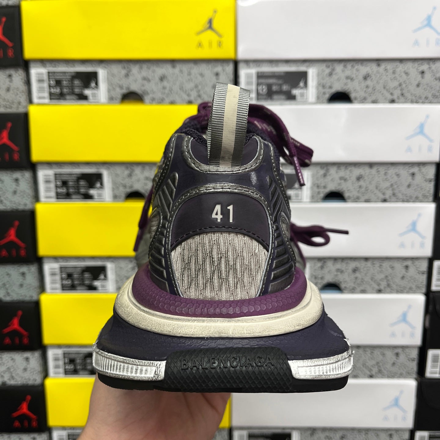 Balenciaga unisex sneakers, rear view with '41' on dark heel and purple lace
