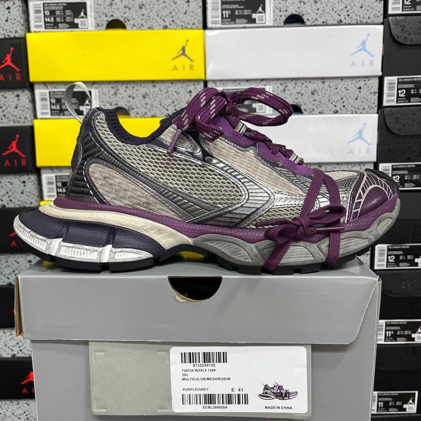 Balenciaga unisex sneakers, gray uppers with purple lace-up front and rubber sole