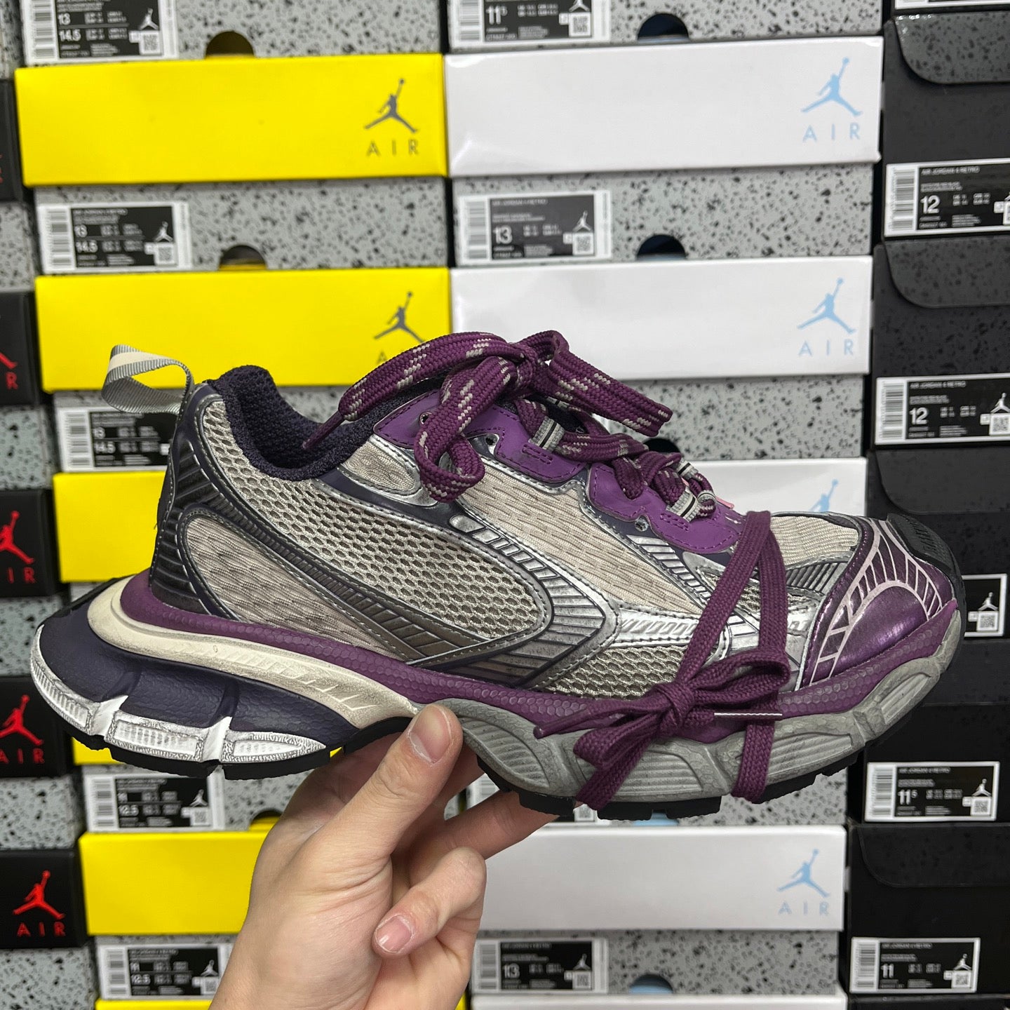 Balenciaga unisex sneakers, gray mesh with purple laces and accents