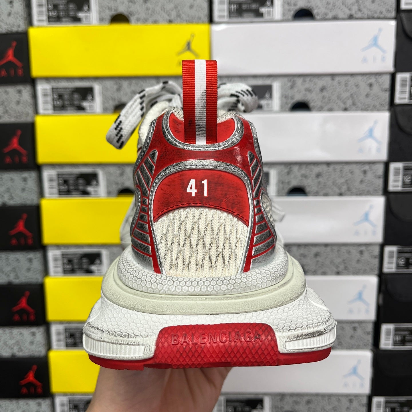 Balenciaga unisex sneaker heel view with red patch and “41” on the back
