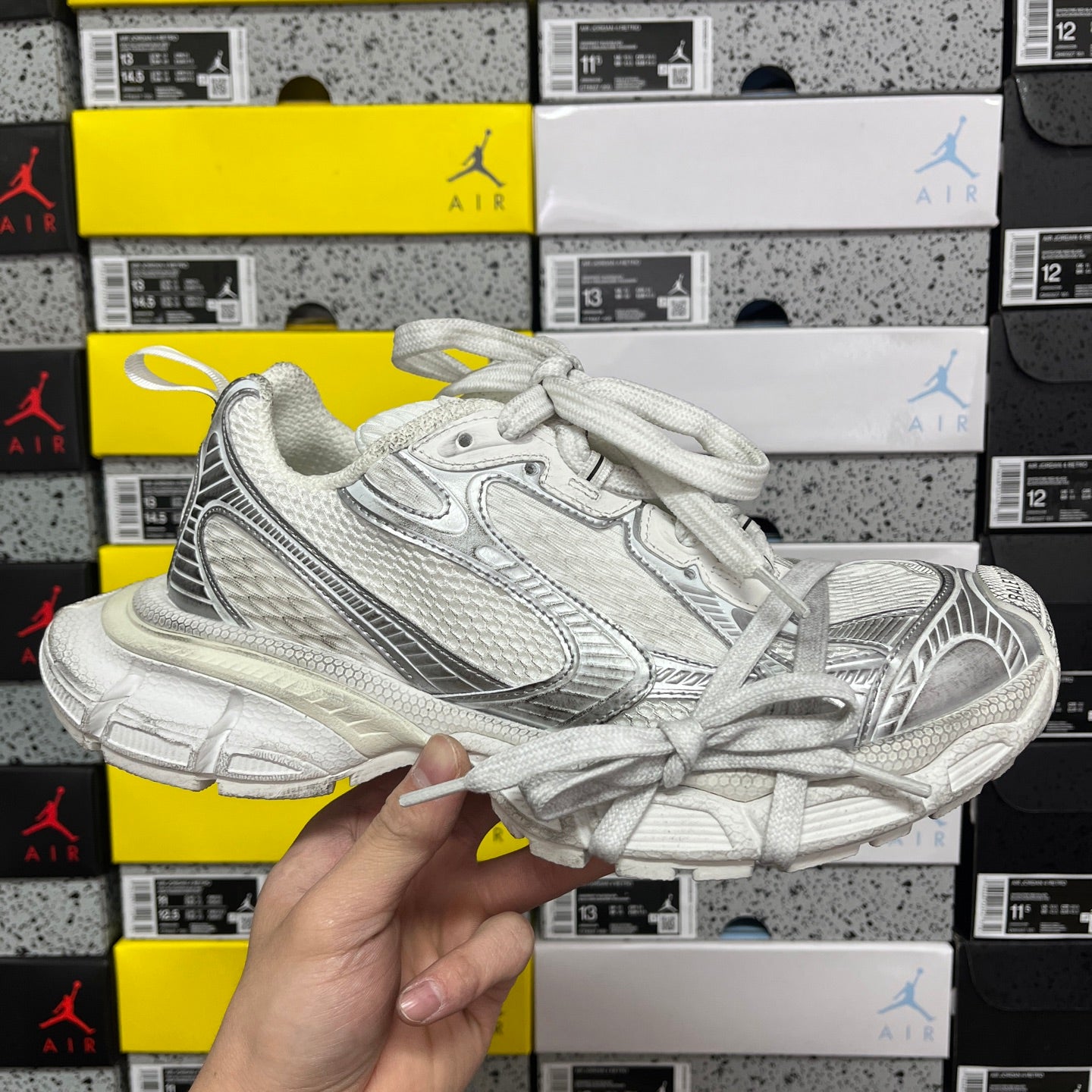 Unisex Balenciaga sneakers, silver/white with white laces and chunky textured sole