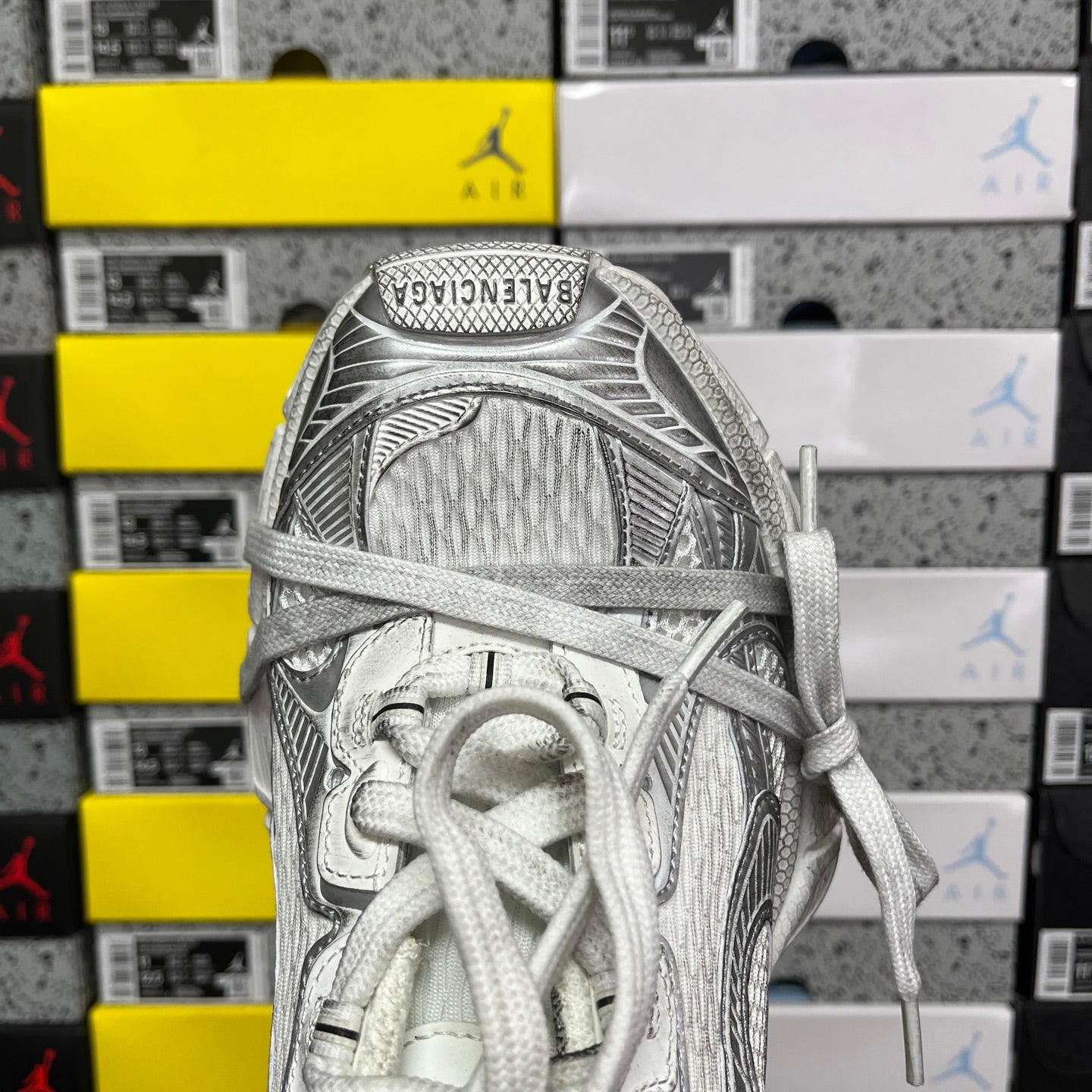 Unisex Balenciaga sneaker upper, silver/white mesh texture with lace and eyelets