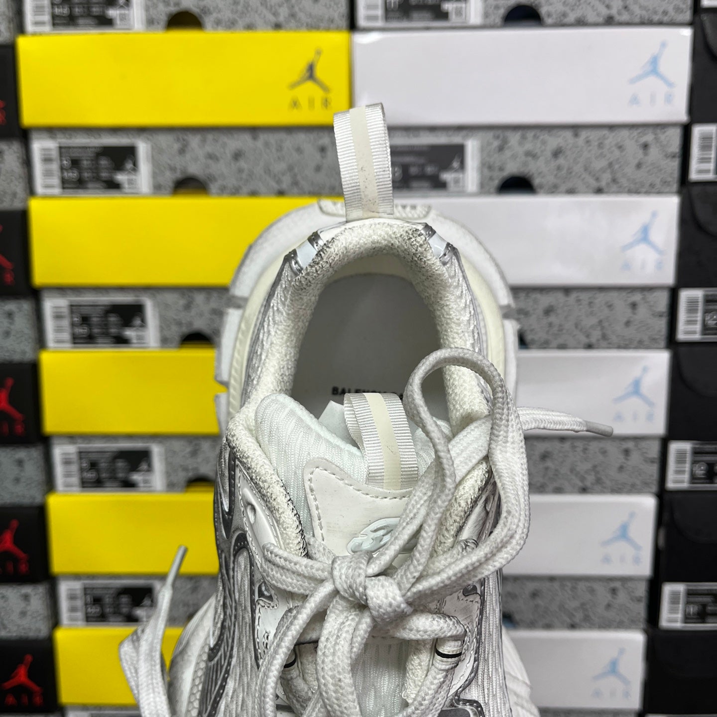 Unisex Balenciaga sneaker tongue and collar, silver/white with woven lace-up ties