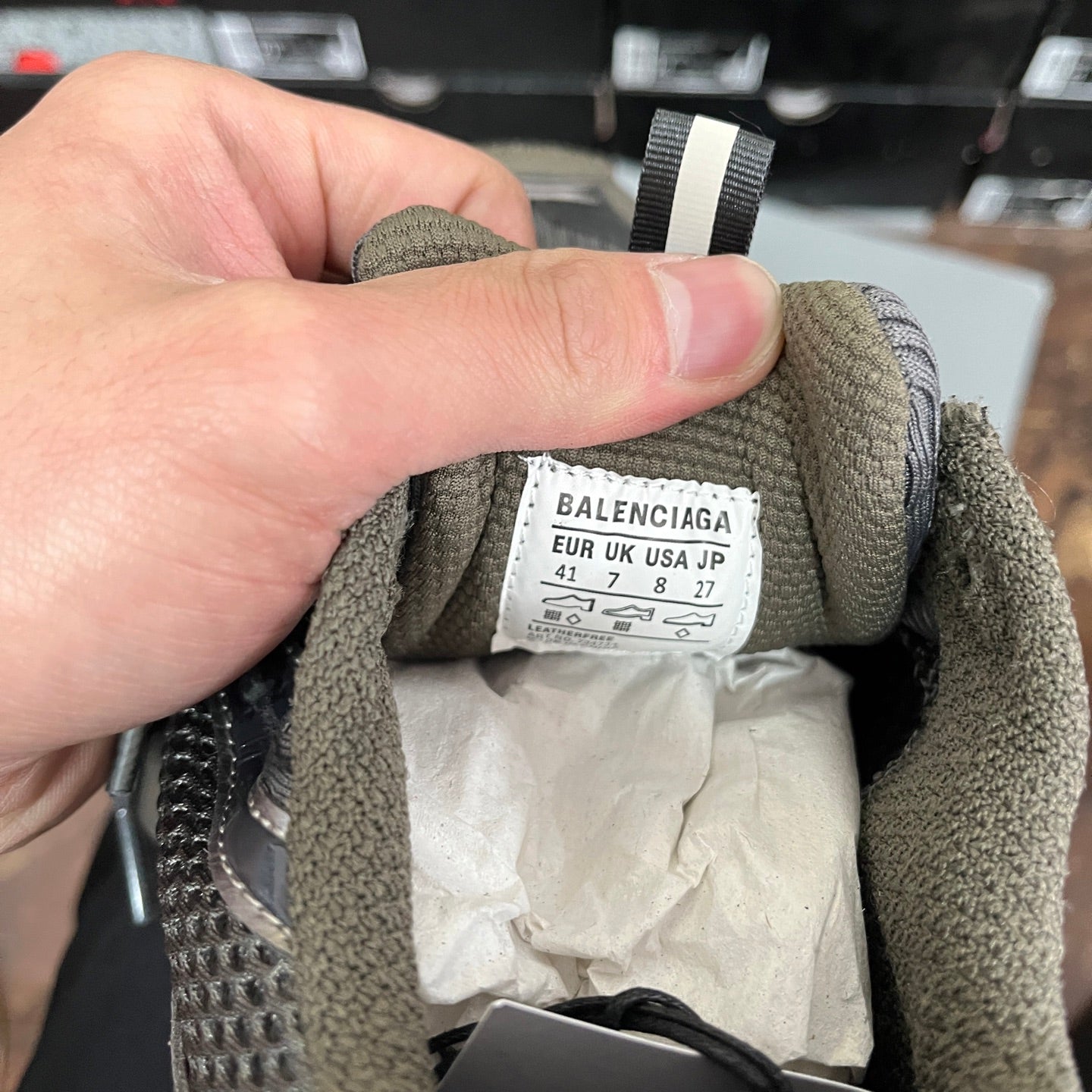 Unisex sneaker size tag inside the collar, reading Balenciaga EU UK USA 41