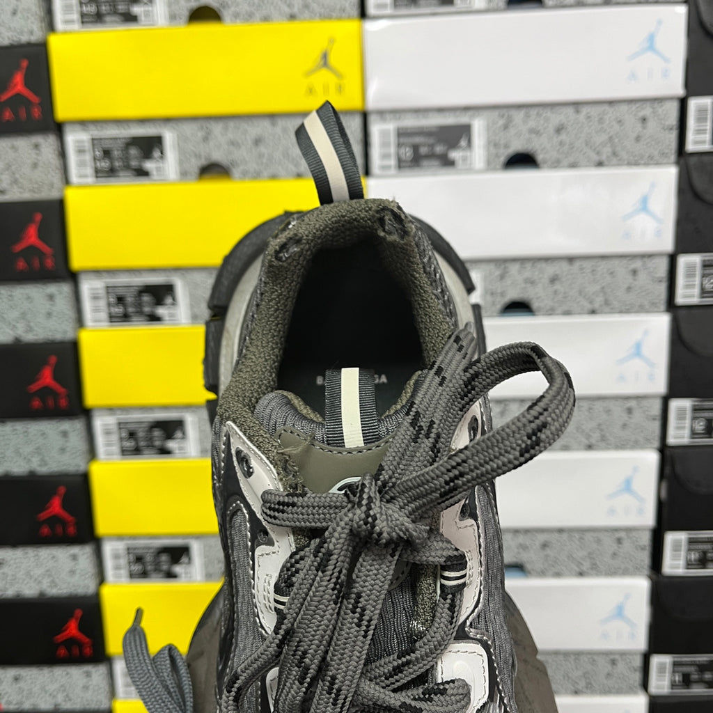 Unisex running sneaker back upper view with gray collar and lace cords