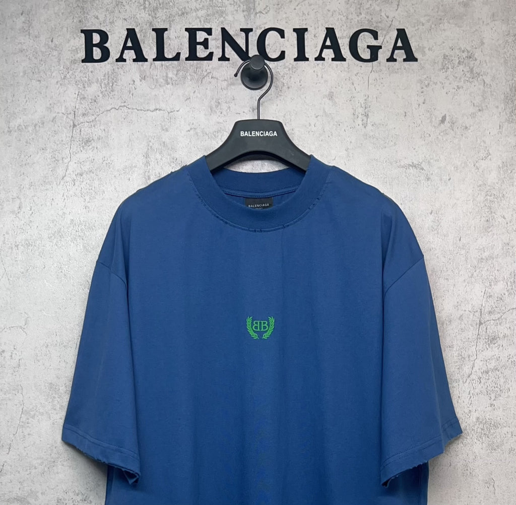 Balenciaga blue oversized T-shirt with crew neck and green chest logo detail