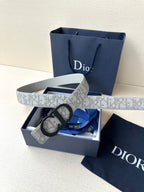 Dior belt with gift box, light gray logo strap and black CD buckle.