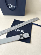 Dior belt detail, light gray logo strap with black CD buckle and pin.