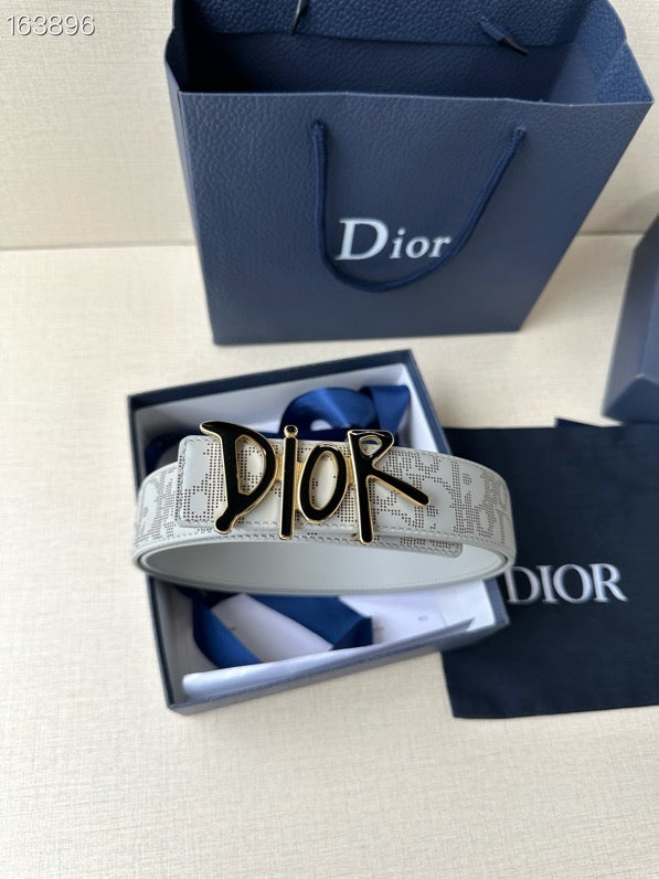 Dior belt on display, light gray logo pattern with black-and-gold buckle