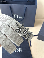 Dior belt detail view, light gray perforated-look logo strap with buckle