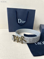 Dior belt, light gray logo strap with gold-and-black buckle and pin holes