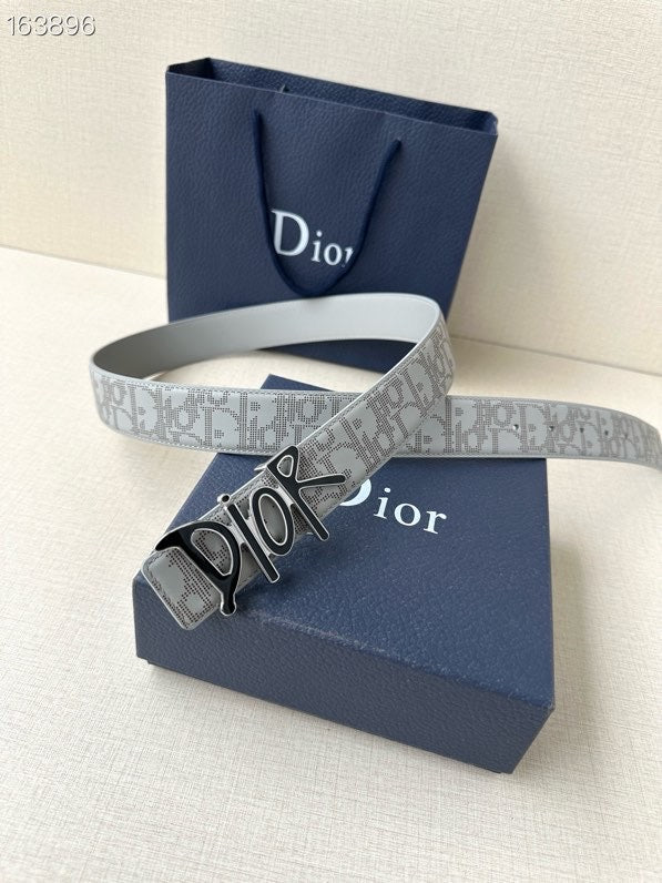 Dior belt with light gray logo pattern strap and black-and-gold statement buckle