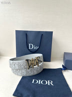Dior belt, light gray repeating logo pattern with gold-and-black buckle