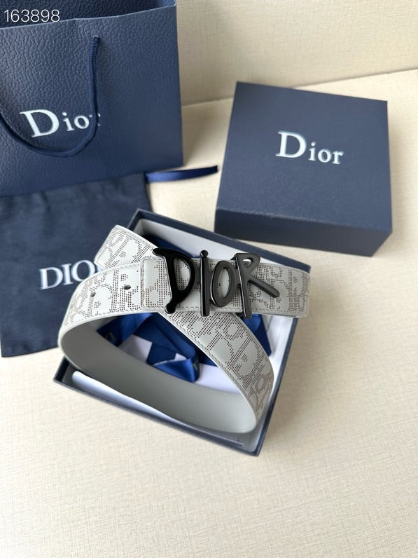 Dior belt in box: light gray patterned strap with black Dior buckle