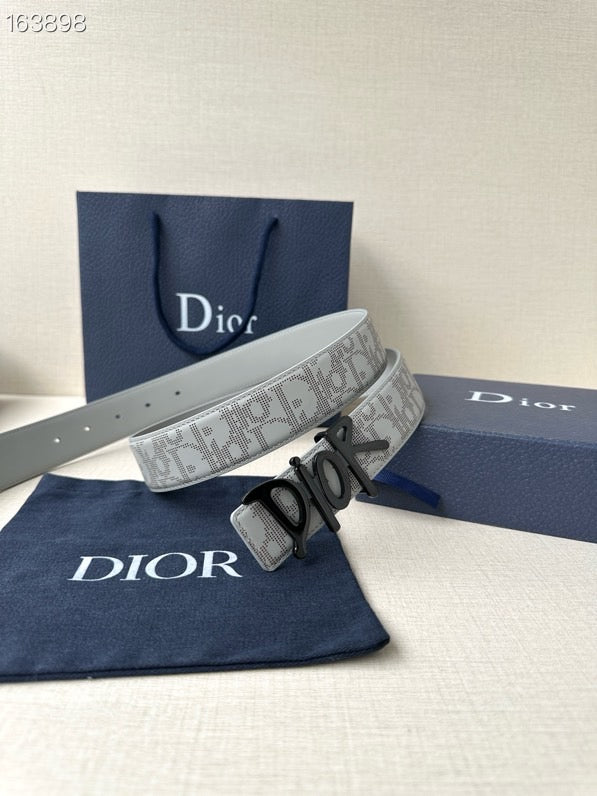 Dior belt with light gray monogram strap and black Dior buckle