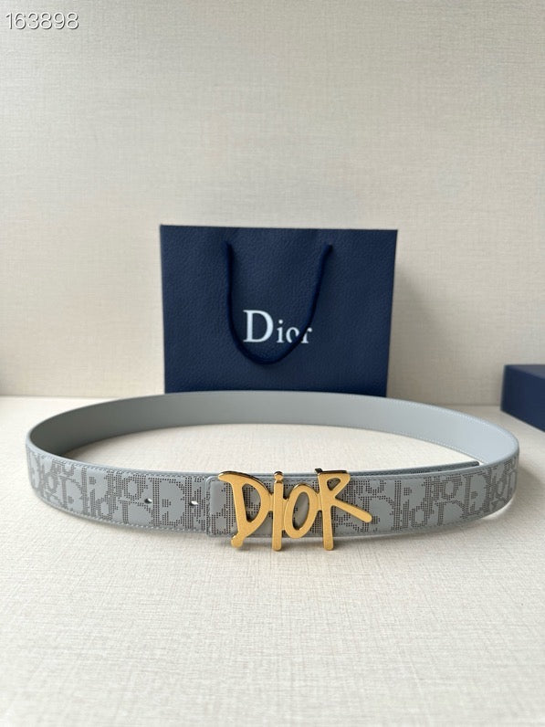 Dior belt with light gray patterned strap and gold-tone Dior buckle