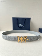 Dior belt with light gray patterned strap and gold-tone Dior buckle