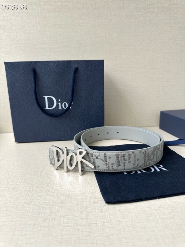 Dior belt with light gray patterned strap and silver-tone Dior buckle