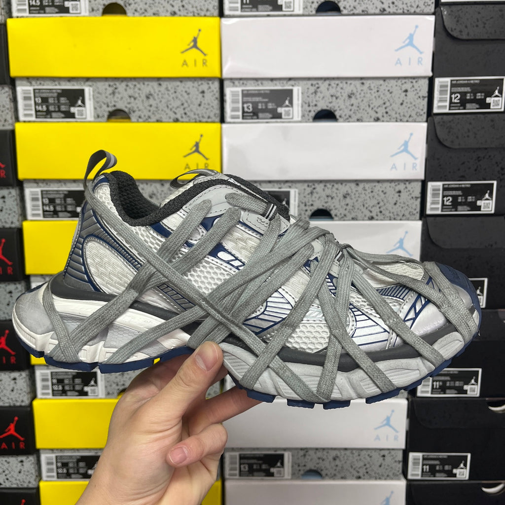 Balenciaga unisex sneakers, grey mesh upper with cross laces and blue side accents