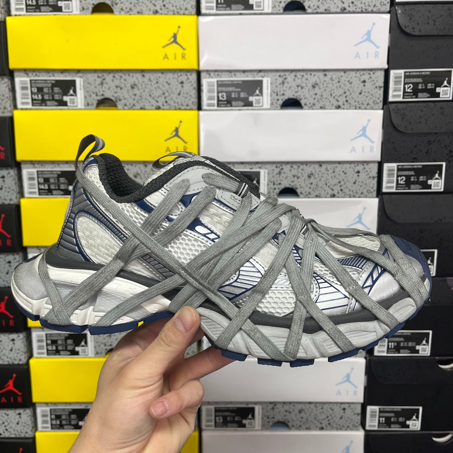 Balenciaga unisex sneakers, grey mesh upper with cross laces and blue side accents
