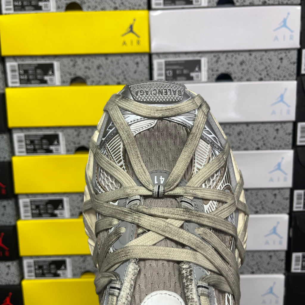Balenciaga unisex running shoes in light olive and gray, front close-up