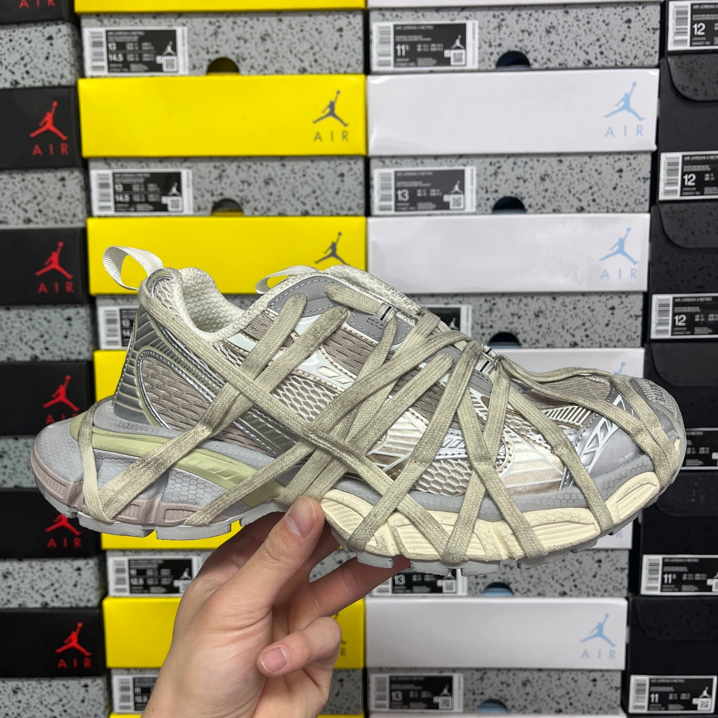 Balenciaga unisex lace-up running shoes in light olive and gray, side view
