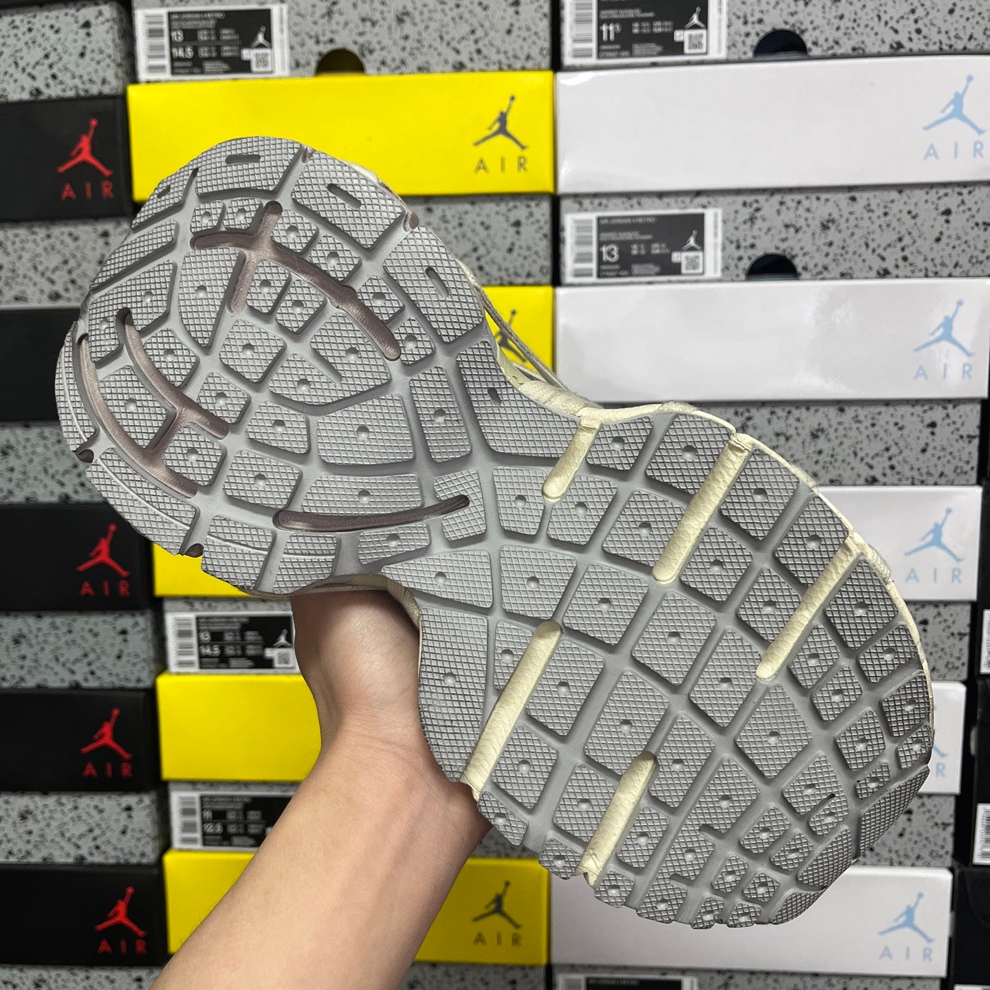 Balenciaga unisex running shoe outsole in light gray with light olive stripe detail