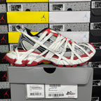 Balenciaga unisex sneakers side view, white mesh with red sole and black heel panel
